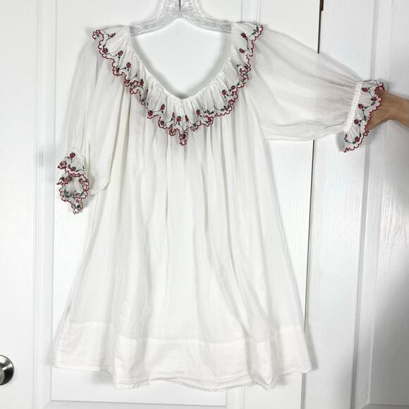 Nwot DOEN Dress XXS White Red-Strawberry Embroidery Ruffle Balloon-1/2Slv Cotton - Picture 3 of 10